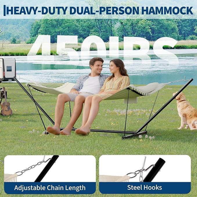 Double Hammock with Stand for 2 Persons, Outdoor Heavy Duty Hammock with Pillow & Balance Rope, 450 Lbs Capacity Freestanding Hammock for Patio, Backyard, Poolside Relaxation, Easy Assembly-Off White