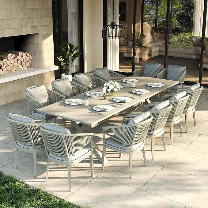 LayinSun 13 Piece Outdoor Dining Table Set, Aluminum Modern Rectangular Dining Table and All-Weather Wicker Chairs Set for Patio Deck Indoor Decor Kitchen