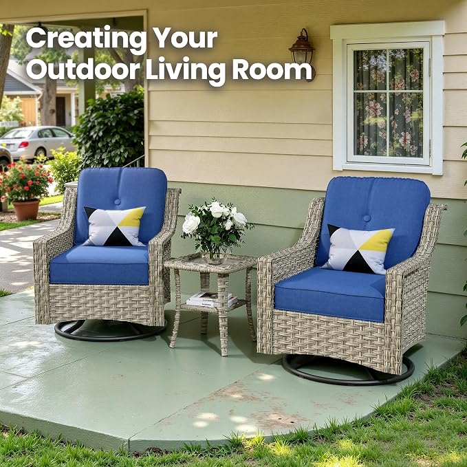 3 Piece Patio Furniture Set, Outdoor High Back Swivel Rocker Chairs Set of 2 with Side Table, All Weather Wicker Glider Chair with Thick Cushions for Backyard Balcony Porch, Navy Blue