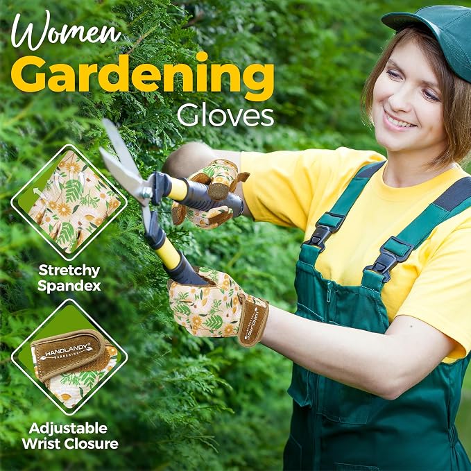 HANDLANDY Gardening Gloves for Women, Leather Garden Glove, Gardener Gift | Breathable Floral Ladies Leather Garden Yard Gloves, for Trimming, Weeding, Digging, Planting, Pruning