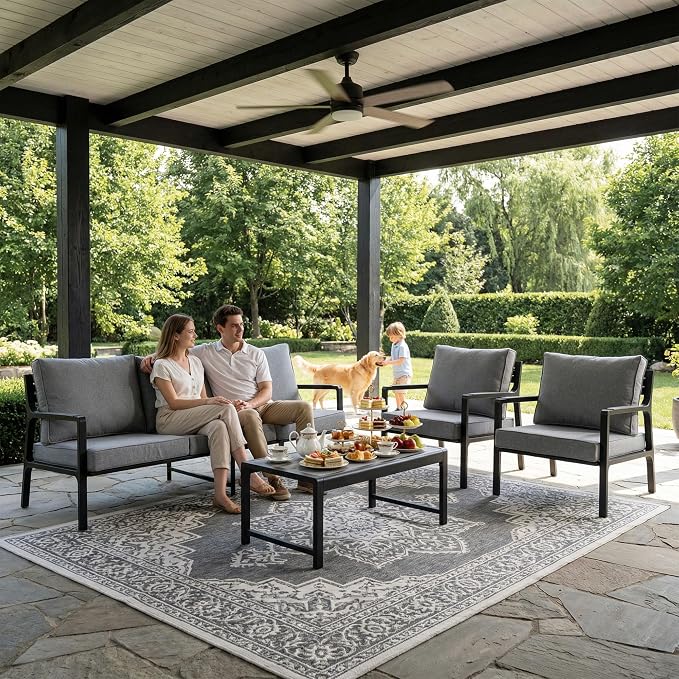 COSIEST Iron-Aluminum Patio Furniture Set, 3-Seat Metal Patio Sofa w Wood-Grain Coffee Table, Weather-Resistant Outdoor Sectional Sofa for Balcony, Porch,Deck