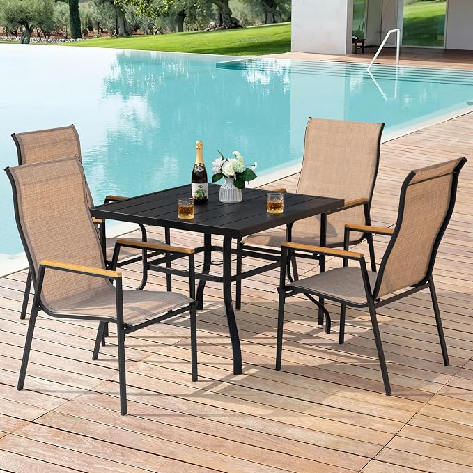 NUU GARDEN 5 Piece Outdoor Patio Dining Set for 4, Slatted Table with Umbrella Hole and 4 Stackable Textilene Chairs with Faux Wood Armrests, Black and Khaki