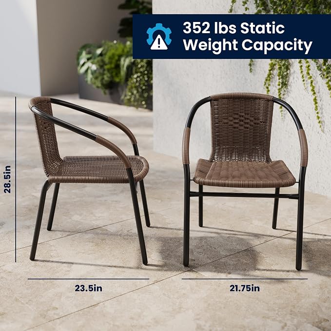 Flash Furniture Lila 3-Piece 28" Square Indoor/Outdoor Patio Table and Chairs Set, Glass Metal Bistro Table and 2 Stacking Rattan Chairs, Brown | Tempered Glass, Dark Brown Rattan Edging, 2 Rattan Stack Chairs