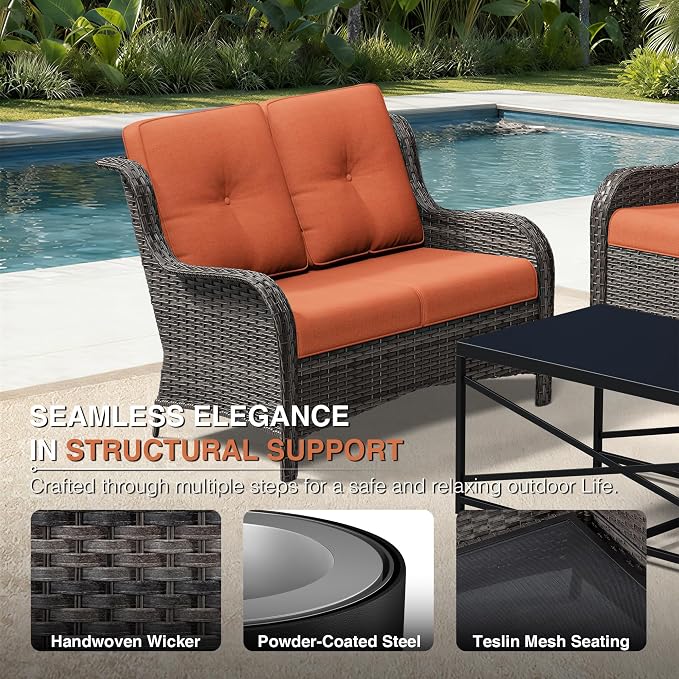 Joyside 7 Piece Wicker Patio Furniture Set, Outdoor Swivel Rocker Patio Chairs with High Back, Deep Seating, Wide Armrest, Thickened Cushions, Outdoor Furniture for Deck, Porch Use