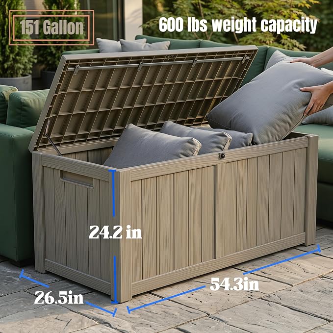 151 Gallon Large Resin Outdoor Storage Box, Waterproof Deck Box, Lockable Deck Container with Reinforced Support, Outdoor Chest for Patio Accessories, Outdoor Cushions, Garden Tools, Taupe Gray