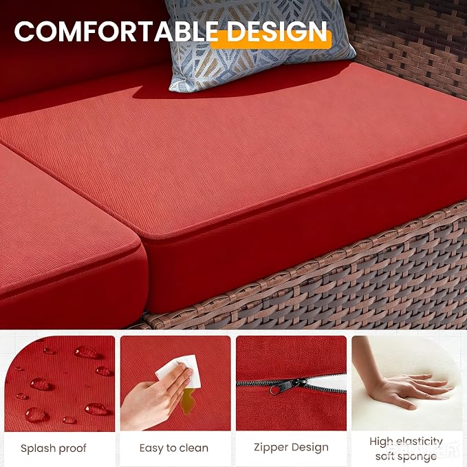 UDPATIO Patio Furniture Set, 7 Pieces Outdoor Sectional Sofa with 105°Slanted Back, Modular Rattan Conversation Set for Poolside, Backyard, Deck, with Coffee Table, Red