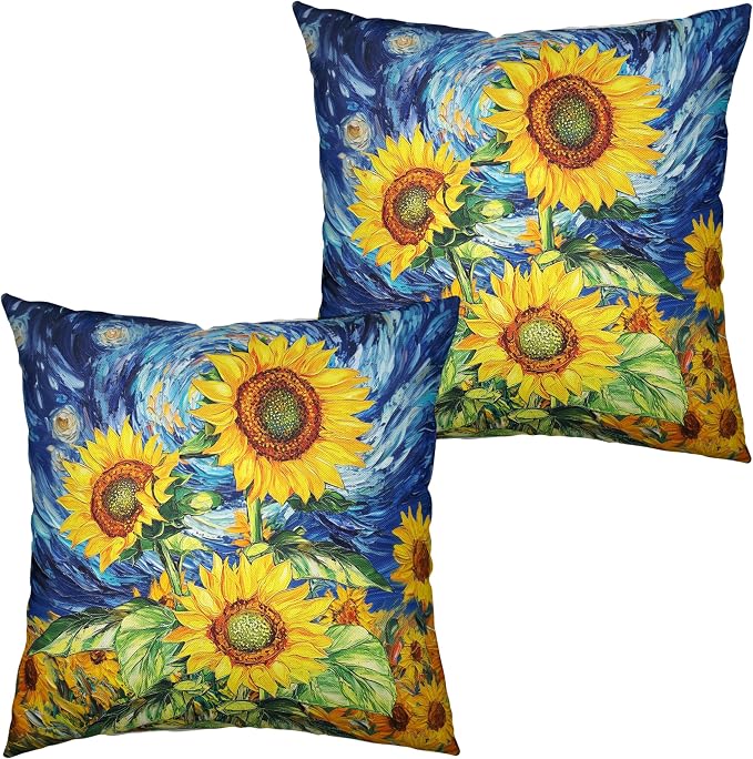 Sunflower Pillow Covers 24x24 Set of 2 Van Gogh Starry Night Throw Pillow Covers Oil Painting Sunflowers Pillow Case Spring Summer Cotton Linen Cushion Case for Sofa Garden Patio
