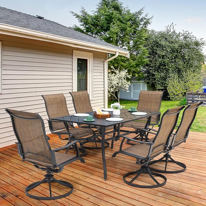 NUU GARDEN 7-Piece Patio Dining Table Set, Outdoor Iron Dining Set with Umbrella Hole, Splicing Table and 6 Textilene Swivel Chairs, Brown and Black
