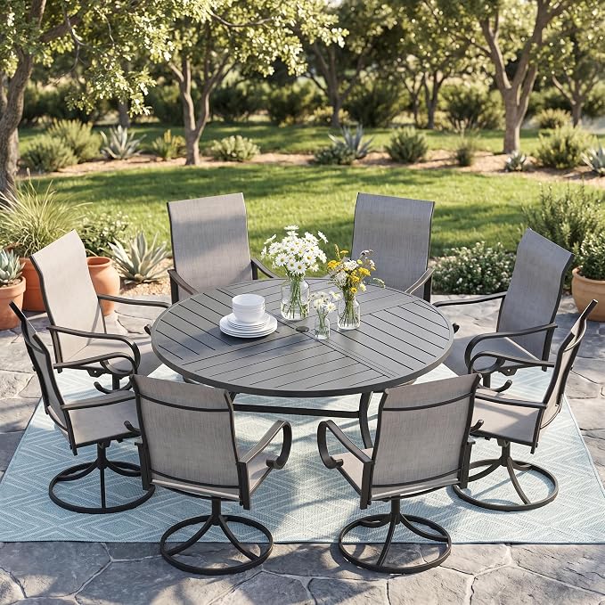9 Pieces Patio Dining Set, 8 Outdoor Swivel Dining Chairs with 60.1" Round Metal Outdoor Dining Table with Umbrella Hole for Garden Backyard Deck, Grey & Dark Grey
