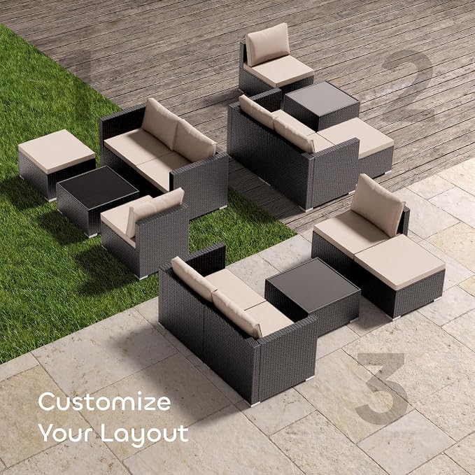 Skyfish Patio Furniture Set - Wide Armrests - All-Weather 5 Piece Outdoor Wicker Sectional Couch with Chaise Lounge,Couch Conversation Set, PE Rattan Sofa for Backyard Porch Poolside Black/Khaki