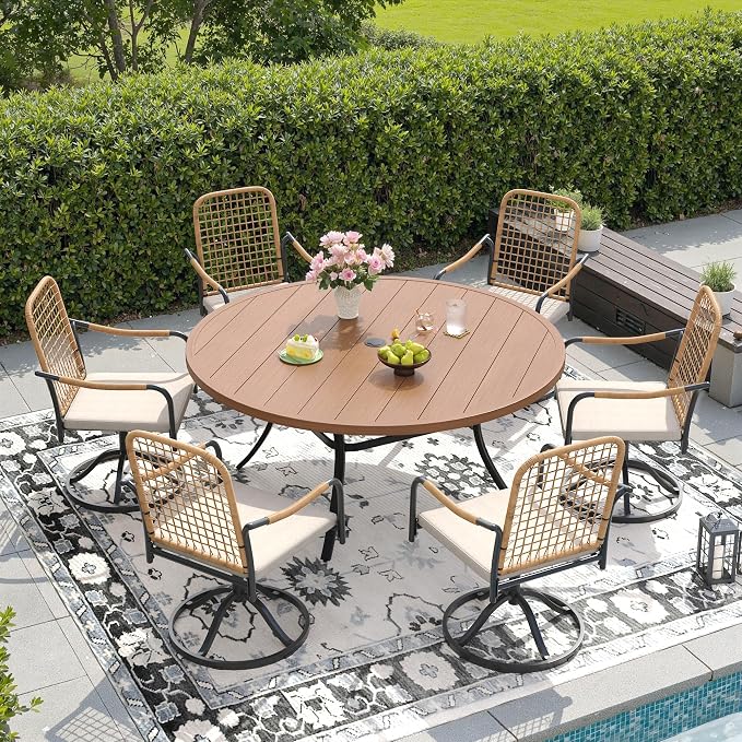DIFY 7 Pieces Outdoor Dining Set for 6, 53" Round Dining Table with Umbrella Hole & Wicker Swivel Patio Chairs with Cushions, Metal Patio Table and Chairs Set for Backyard Porch Garden, Walnut