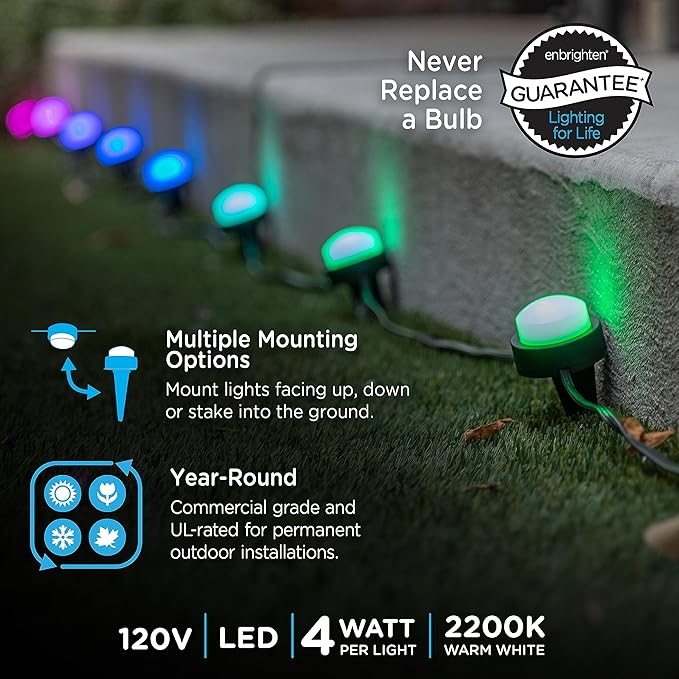 Enbrighten Premium LED Garden Lights, 24 Small Landscape Lights, 46ft Cord plus 22ft Lead Wire, Color Changing, Remote Control, Outdoor Landscape Lighting, 41369