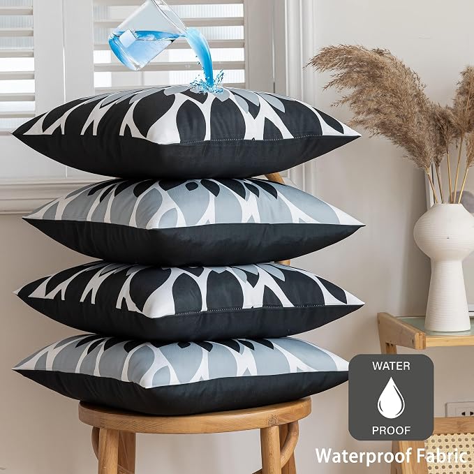Pack of 4 Outdoor Waterproof Pillow Covers 20x20 Decorative Outdoor Throw Pillows Garden Square Cushion Cases for Patio Furniture, Couch, Tent Sunbrella, Bench, Black Grey