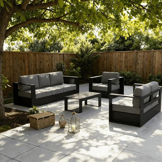 LayinSun Oversized Aluminum Outdoor Furniture Set, 4 Piece Patio Sofa Sets with Coffee Table, Deep Seating and Upgraded 6-inch Cushions for Porch, Balcony, Deck