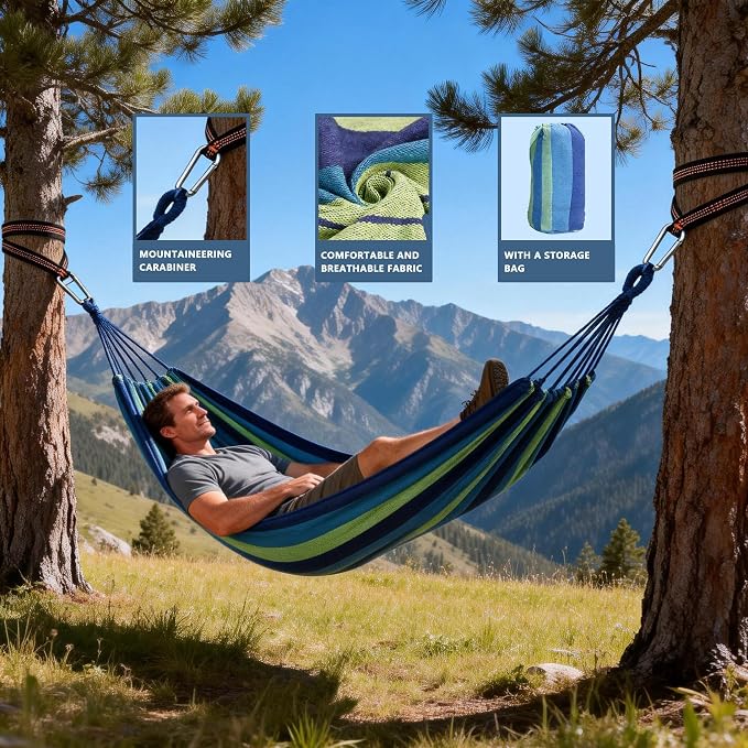 Outdoor Amaca Camping Hammocks for Yard Backyard Travel para Patios Garden | Hammock Cotton Canvas fabric Portable Amacas Carrying Bag for stand Porch outside 300 Lbs Maximum Weight Capacity