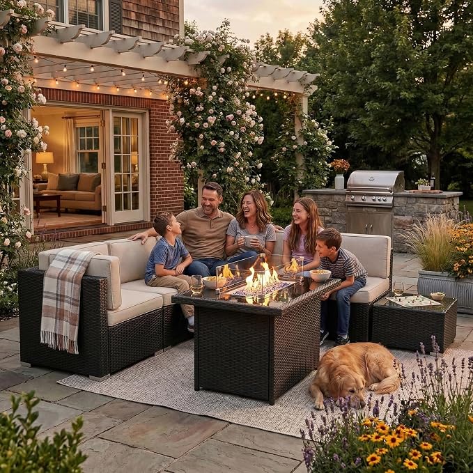 15 Pieces Patio Furniture Set with 44" Propane Gas Fire Pit Table, Outdoor Sectional Wicker Conversation Sofa Sets with Coffee Table