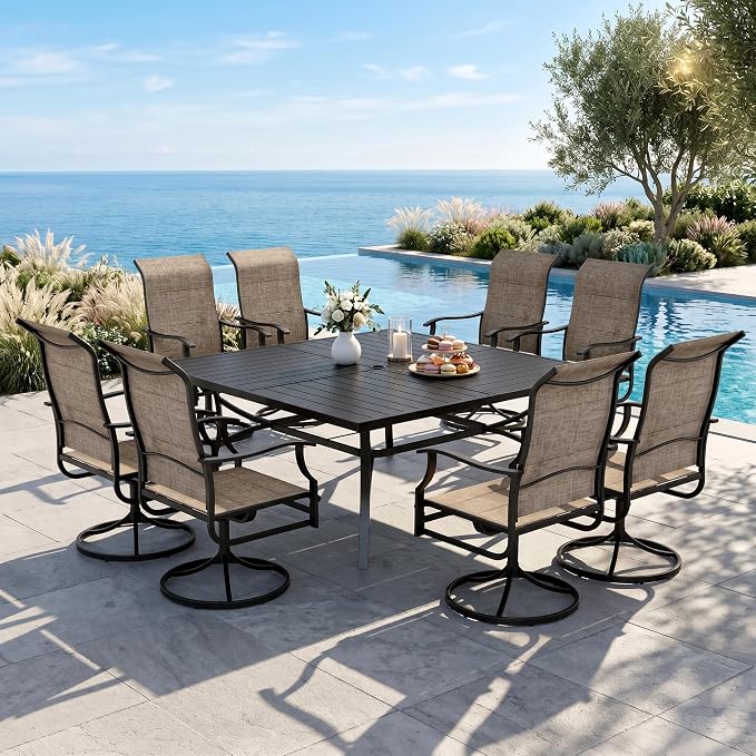 MIXPATIO Patio Dining Set for 8, Outdoor Table and Chairs Set with 8 x Textilene Swivel Chairs and Square Outdoor Dining Table for Cozy Deck Garden Settings, Grayish-Brown