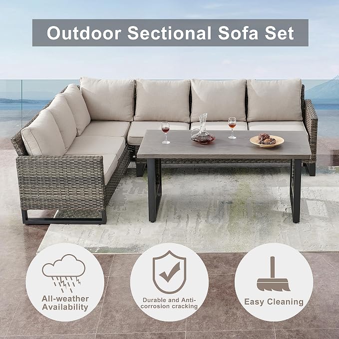 Belord Outdoor Sectional Sofa 6 Seater L Shaped Couch Wicker Patio Conversation Furniture Set Rattan Outdoor Furniture with Removable Washable Cushion Beige
