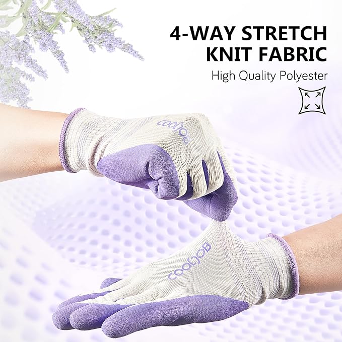 COOLJOB 2 Pairs Gardening Gloves for Women, Breathable Rubber Coated, L | Purple & Green, Textured Latex Palm, Breathable Polyester Liner, Flexible Fit, Machine Washable, Women's Garden Gloves