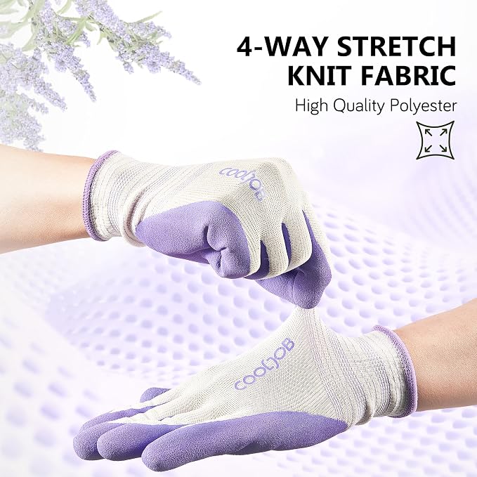 COOLJOB 10 Pairs Gardening Gloves for Women, Breathable Rubber Coated, M | Purple & Green, Textured Latex Palm, Breathable Polyester Liner, Flexible Fit, Machine Washable, Women's Garden Gloves
