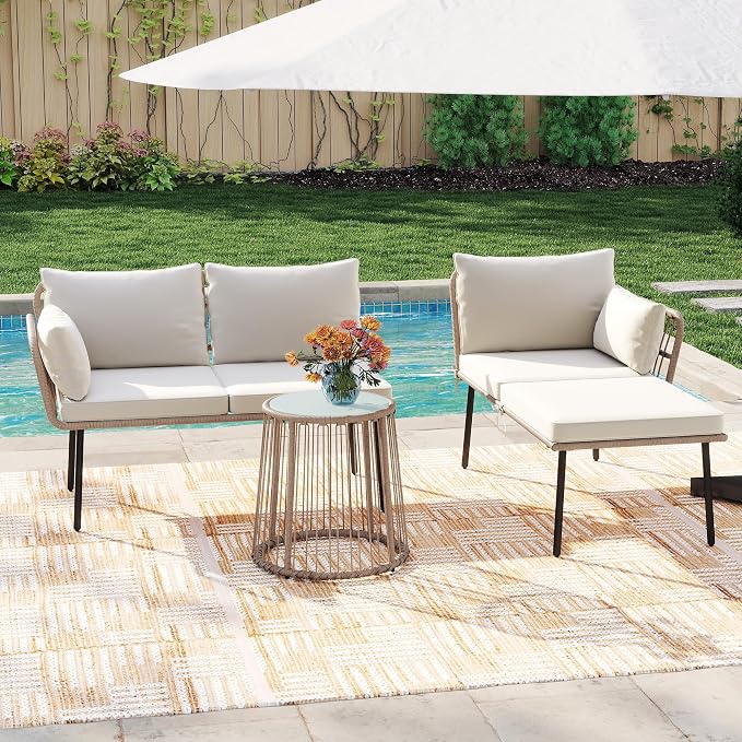 YITAHOME 3 Piece Patio Furniture Set Wicker Patio Sectional with Detachable Cushions and Coffee Table Outdoor Furniture Set L-Shaped Sectional Conversation Sofa Set for Backyard Porch Balcony - Beige