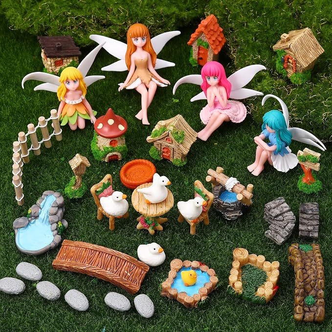 35 Pcs Fairy Garden Accessories Miniatures Garden Kit with Resin Fairies, Duck, Mushroom House & Bridge Miniature Accessories for Terrarium, Dollhouse & Outdoor Decor