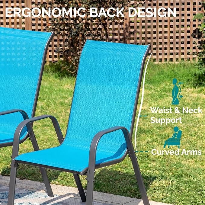 MAMIZO 7 Pieces Patio Dining Set for 6, Outdoor Table and Chairs w/Rectangle Glass Table and 6 Textilene Stackable Chairs, Patio Furniture Set w/1.69" Umbrella Hole (Black Table & Sky Blue Chair)