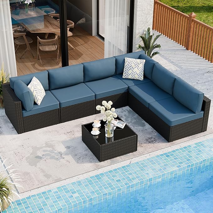 7 Pieces Outdoor Patio Sectional Sofa Couch, Wicker Furniture Patio Conversation Sets with Washable Cushions & Coffee Table for Garden, Poolside, Backyard
