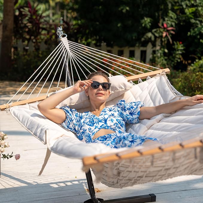 Lazy Daze Hammocks 2 Person Portable Hammock with 12FT Stand, Double Hand Woven Cotton Rope Hammock with Detachable Quilted Pad & Pillow for Outside, 450lb Capacity, Natural