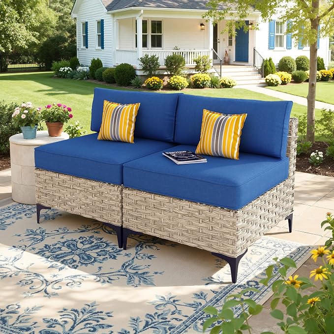 2 Pieces Patio Sectional Furniture Set, Outdoor Wicker Sectional Couch Middle Seats, Modern Conversation Set for Porch Balcony Backyard, Navy Blue