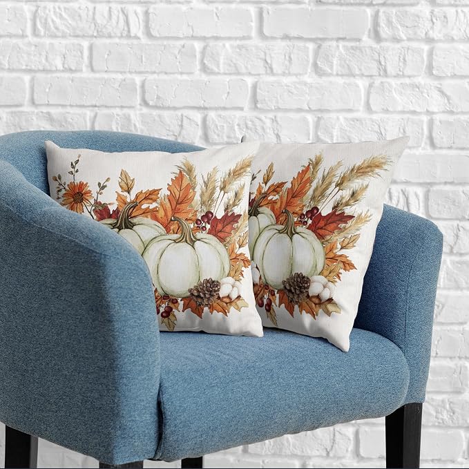 Fall Pumpkin Pillow Covers 18x18 Set of 2 Autumn Harvest Throw Pillow Covers Maple Leaves Pillowcase Thanksgiving Cushion Case for Home Decor Outdoor Sofa