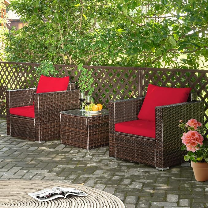 COSTWAY 3-Piece Patio Furniture Set, Outdoor Wicker Rattan Sofa with Cushions and Coffee Table with Tempered Glass, Modern Conversation Chair Set for Poolside Backyard Balcony Lawn (Red)