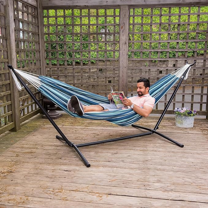Giantex Hammock with Stand for Outside, 2-Person Double Hammock with Space Saving Metal Stand, Carrying Cases, Brazilian-Style Portable Hammock for Patio Garden Camping Lounging Outdoor & Indoor, Blue