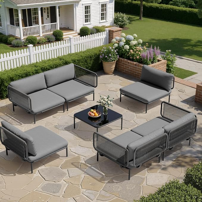 7-Piece Modern Outdoor Sectional Sofa with Coffee Table - 31" Deep Seating Patio Conversation Set, Weather-Resistant Low-Profile 11" Seat Height Lounge Seats for Deck, Porch & Backyard, Grey