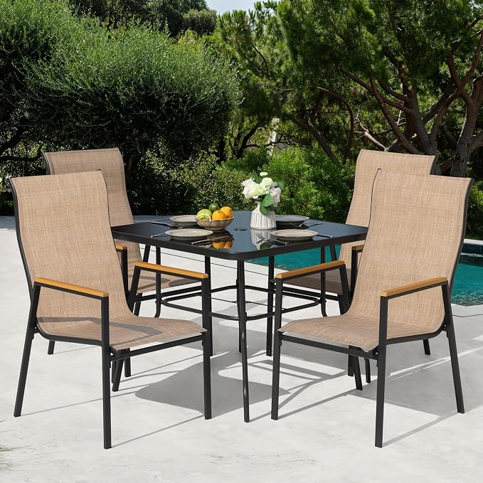 NUU GARDEN 5 Piece Patio Dining Set for 4, Outdoor Dining Set with Tempered Glass Table with Umbrella Hole and 4 Stackable Textilene Chairs with Faux Wood Armrests, Black and Khaki