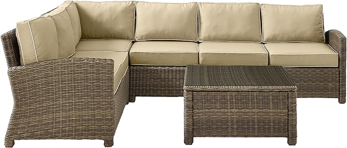 Crosley Furniture Bradenton 5-Piece Outdoor Sectional Sofa Wicker Conversation Patio Furniture Set for Deck, Brown with Sand Cushions
