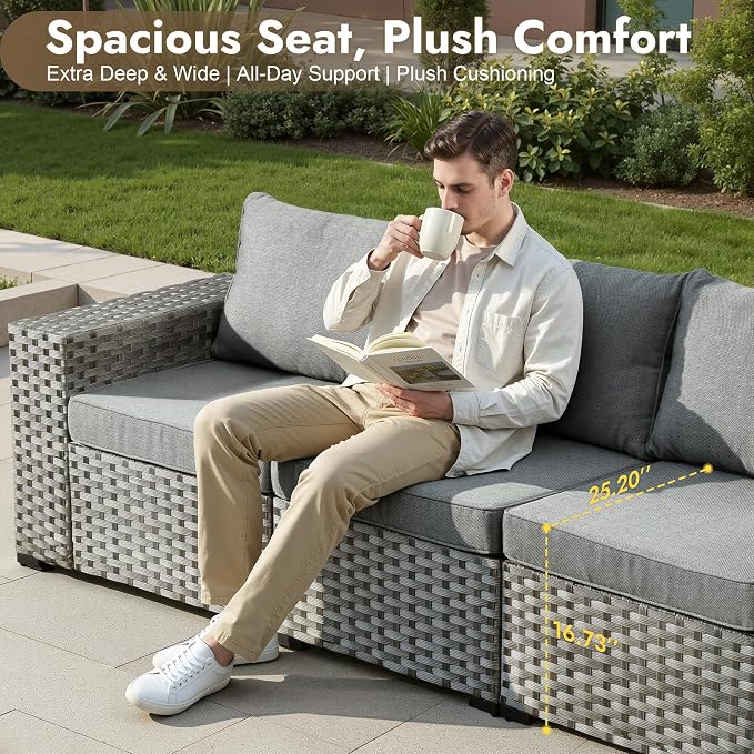 10 Pieces Outdoor Patio Sectional, Wicker Patio Furniture Set with 42 inch Fire Pit Table, All-Weather L Shaped Patio Conversation Set with Swivel Chairs, for Backyard Porch Yard,Dark Grey