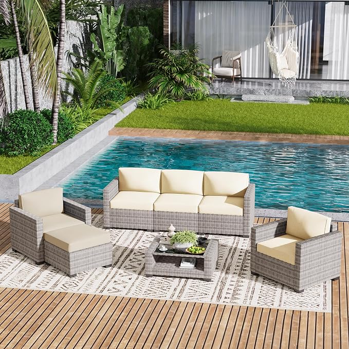 LOUVIXA 7 Piece Outdoor Patio Furniture Set, Rattan Chairs Glass Table Wicker Conversation Seating Sectional Sofa with Cushions (Grey White-Beige, 7Pcs-2 Layer Coffee Table)