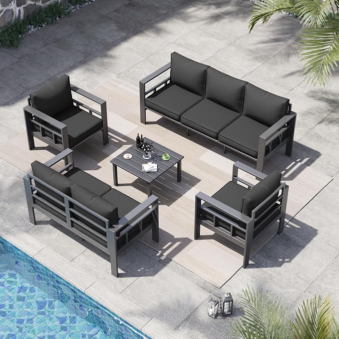 5 Piece Aluminum Patio Furniture Set, Thick Cushions, Aluminum Outdoor Sectional Conversation Set with Coffee Table for Porch, Backyard, Deck(Grey/Dark Grey)