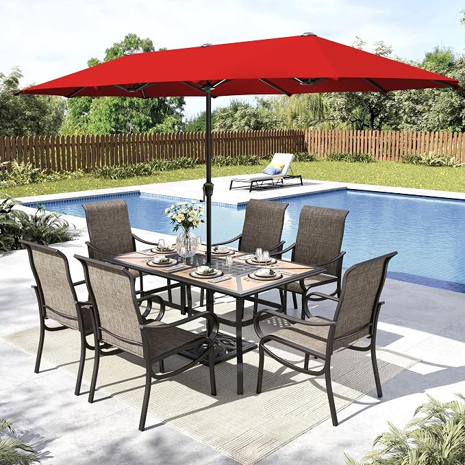 MFSTUDIO Outdoor Dining Set with Umbrella, Patio Dining Set for 6, Outdoor Furniture Set with Rectangular Table & Textilene Chairs & Orange Red Umbrella (Base not Included)