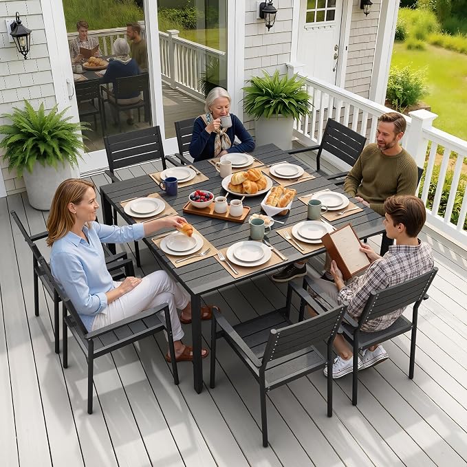 9-Piece Outdoor Dining Set, 56" Square Table and Stackable Arm Chairs | Aluminum Frame Umbrella Hole and All-Weather Wood Grain Patio Furniture for 8 for Garden, Patio, Backyard (Black)