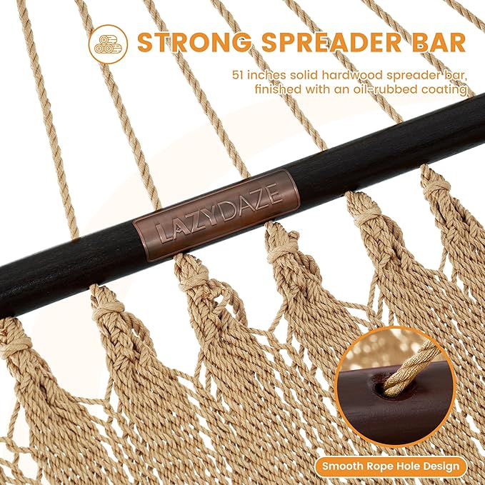 Lazy Daze Hammocks 10.5 FT Double 2 Person Caribbean Rope Hammock, Hand Woven Polyester Hammock with Spreader Bars, for Outside Outdoor Backyard Patio Poolside, 450 LBS Capacity, Tan