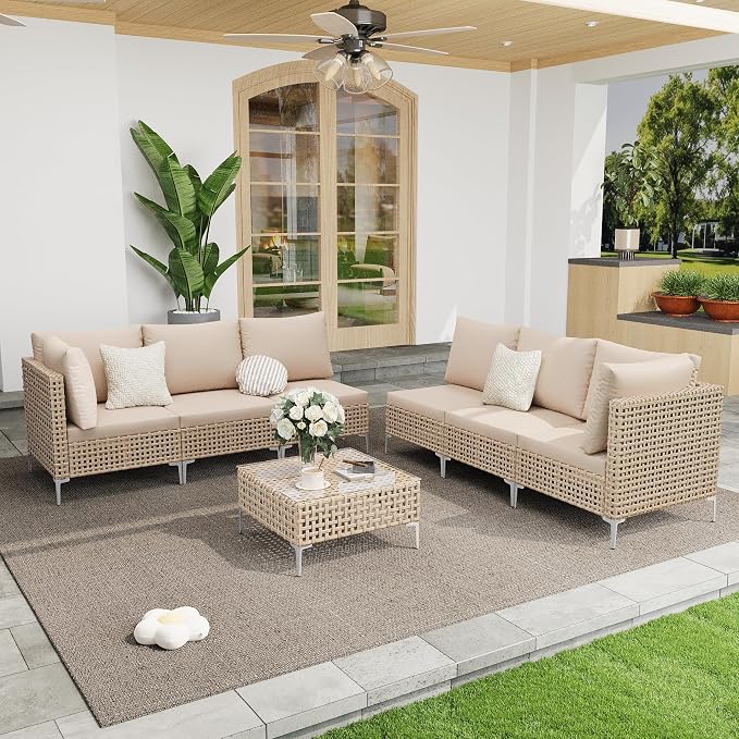 Outdoor Wicker Patio Furniture Set - 7 Piece | Outdoor Wicker Sectional Couch, Weave Rattan Sofa, with Coffee Table & Thick Cushion, Perfect for Deck, Garden, Backyard