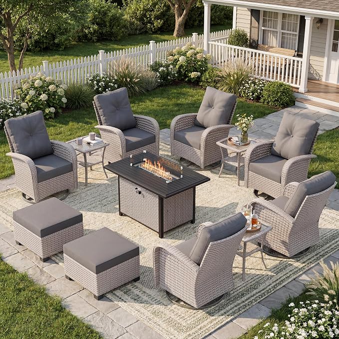 12-Piece Patio Furniture Set, Outdoor Swivel Rocking Chairs Set with 55,000 BTU Fire Pit Table,All Weather Conversation Set for Porch Poolside Balcony