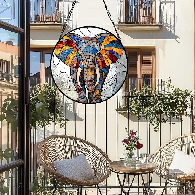 Stained Glass Window Hanging, Colorful Elephant Sun Catcher for Door Home Decor Animal Suncatcher Christmas Mother's Day Birthday Gifts for Women Men Mom and Nana 15 in