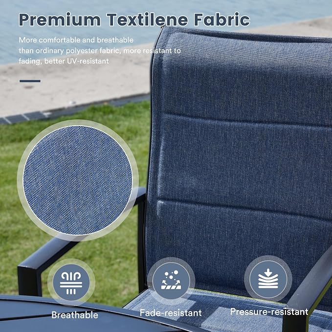 VICLLAX Patio Dining Set for 6, 6 Seats Outdoor Furniture Includes 50.1" Round Patio Table and Swivel Padded Chairs, Black Tabletop and Blue Fabric