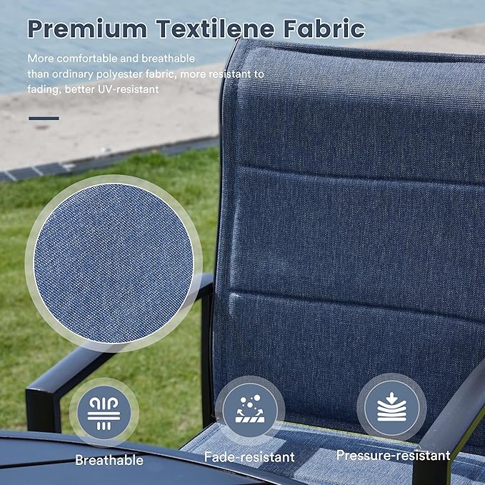 VICLLAX 7 Pieces Patio Dining Set for 6-Outdoor Furniture Includes 53" Round Outdoor Table and Swivel Padded Chairs, Black Tabletop and Blue Fabric