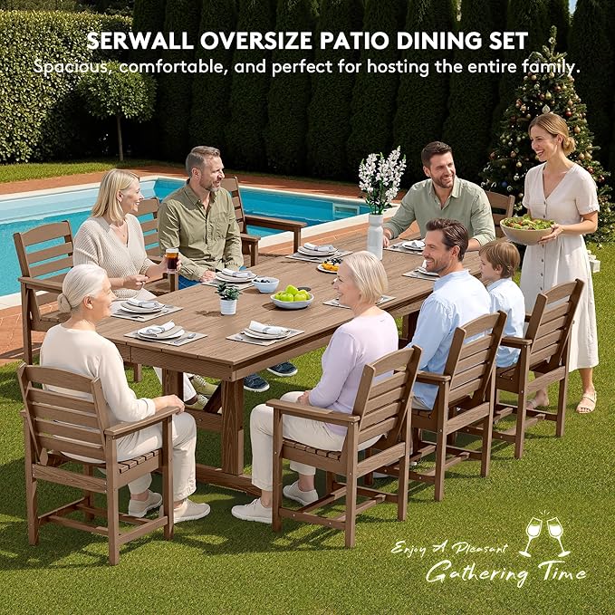 SERWALL Outdoor Dining Chairs Set of 2, All-Weather HDPE Patio Chair with 19.7" Widened Seat, for Backyard, Garden, Brown