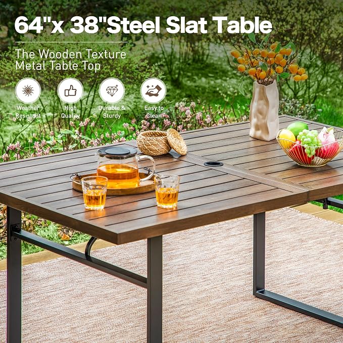 SUNSHINE VALLEY 7 Piece Patio Dining Set for 6, 64”Rectangular Wood-Like Dining Table with Umbrella Hole, 6 Metal Red Chairs, Outdoor Table and Chairs Set for Lawn Backyard and Deck