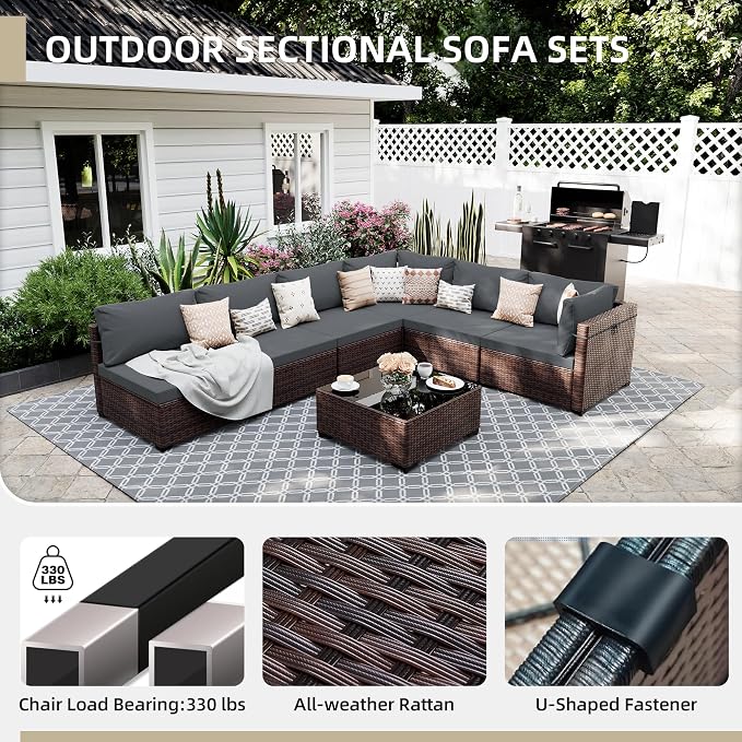 UPHA 7 Pieces Patio Furniture Sets, Wicker Outdoor Sectional Sofa Couch with Coffee Table, Patio Conversation Set for Deck Backyard Garden, Brown Rattan, Dark Gray Cushion